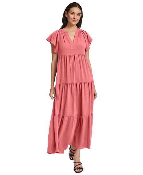 Calvin Klein Women's Split-Neck Tiered Maxi Dress Women's Fashion Shoes & Accessories
