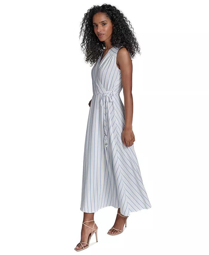 Calvin Klein Women's Striped Faux-Wrap Maxi Dress Women's Fashion Shoes & Accessories