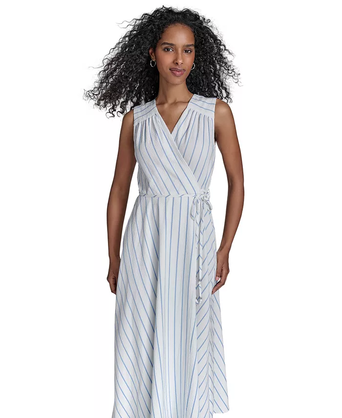 Calvin Klein Women's Striped Faux-Wrap Maxi Dress Women's Fashion Shoes & Accessories