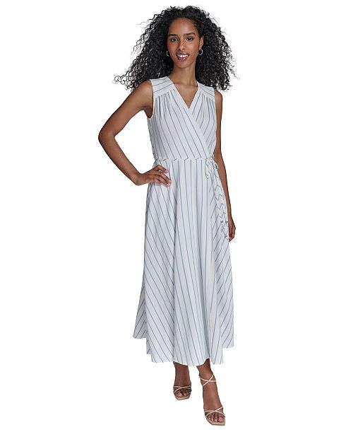 Calvin Klein Women's Striped Faux-Wrap Maxi Dress Women's Fashion Shoes & Accessories