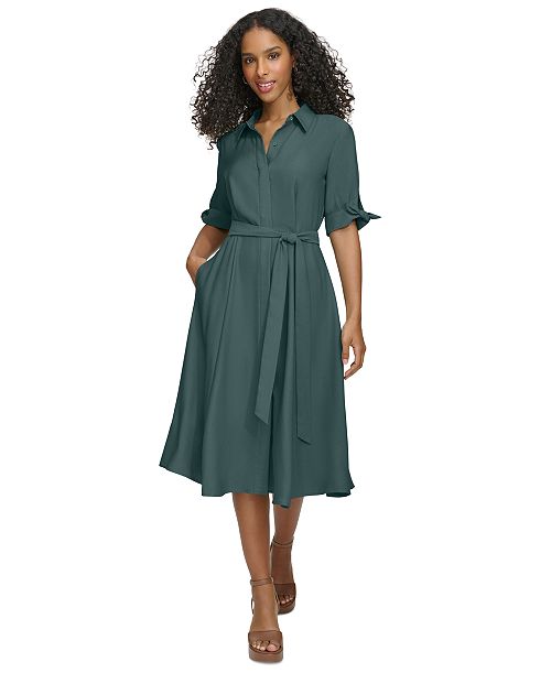 Calvin Klein Women's Tied Sleeve Shirtdress Women's Fashion Shoes & Accessories