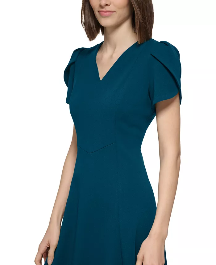 Calvin Klein Women's V-neck Tulip-sleeve Dress Women's Fashion Shoes & Accessories