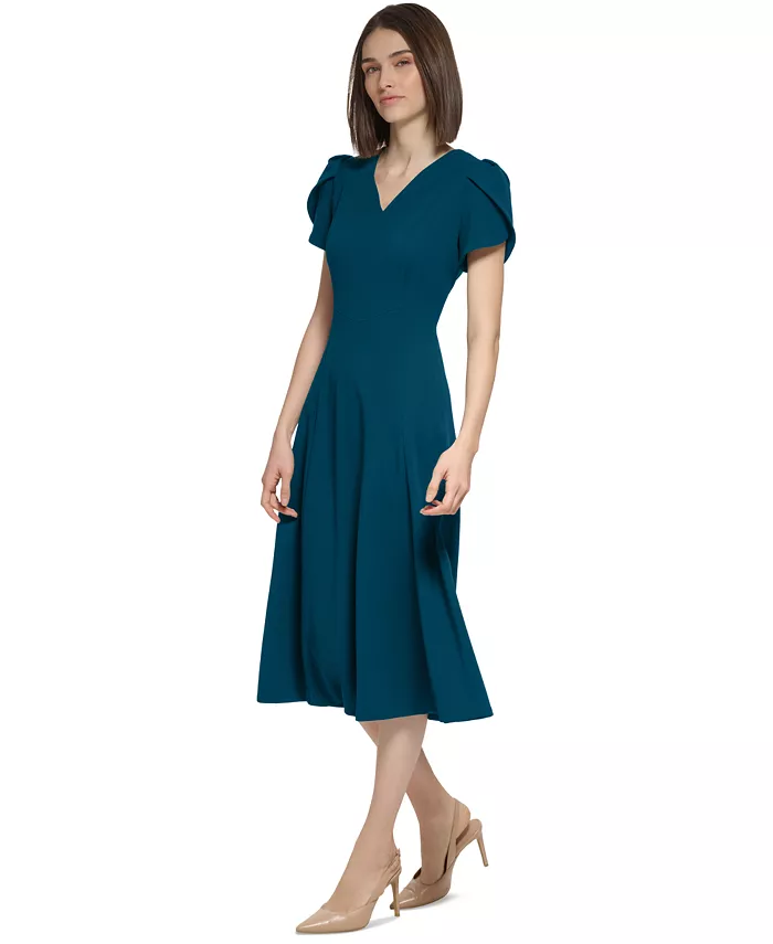 Calvin Klein Women's V-neck Tulip-sleeve Dress Women's Fashion Shoes & Accessories
