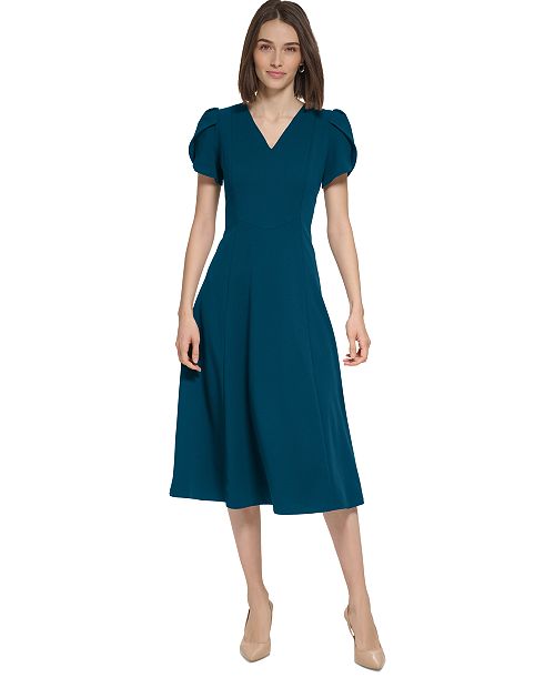 Calvin Klein Women's V-neck Tulip-sleeve Dress Women's Fashion Shoes & Accessories