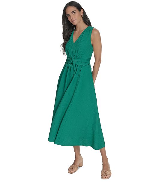 Calvin Klein Women's V-Neck Twist-Front Midi Dress Women's Fashion Shoes & Accessories