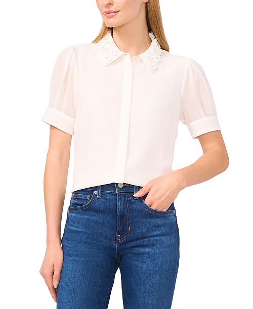 CeCe CeCe Women's Embellished Puff-Sleeve Shirt Women's Fashion Shoes & Accessories