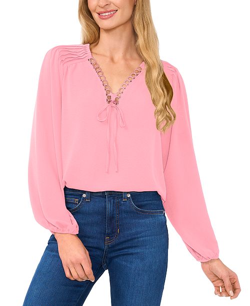 CeCe Women's Circular Trim Pin-Tuck Long Sleeve Blouse Women's Fashion Shoes & Accessories