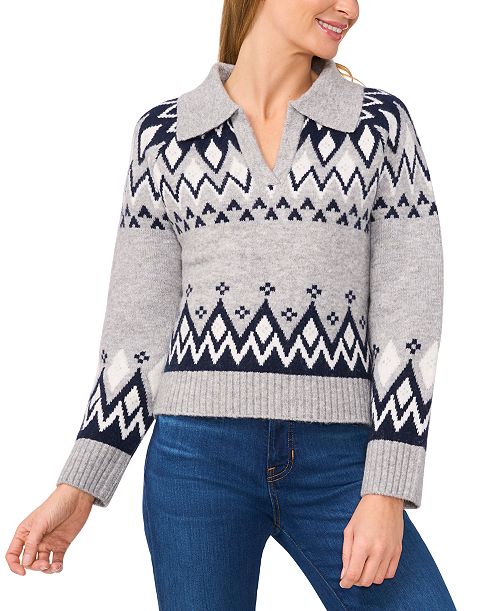CeCe Women's Collared Fair Isle Sweater Women's Fashion Shoes & Accessories