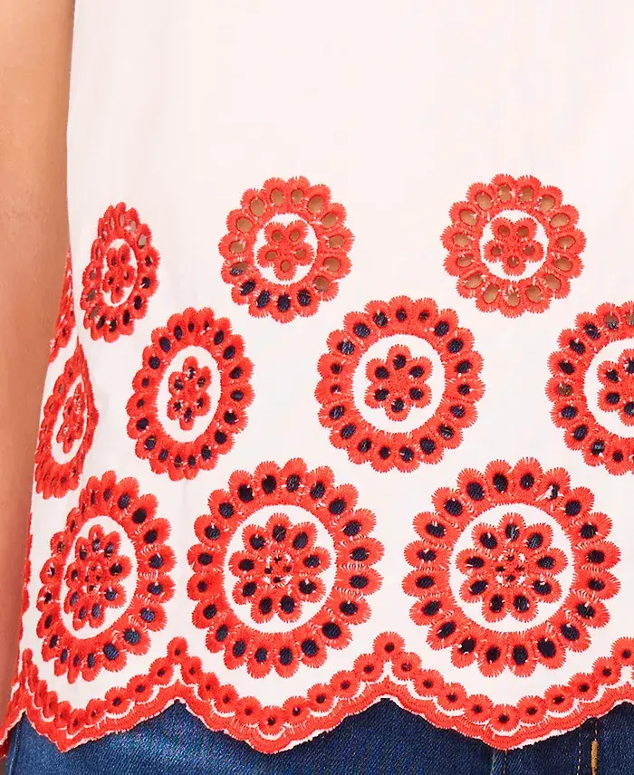 CeCe Women's Contrast Embroidered Cotton Cap-Sleeve Blouse Women's Fashion Shoes & Accessories