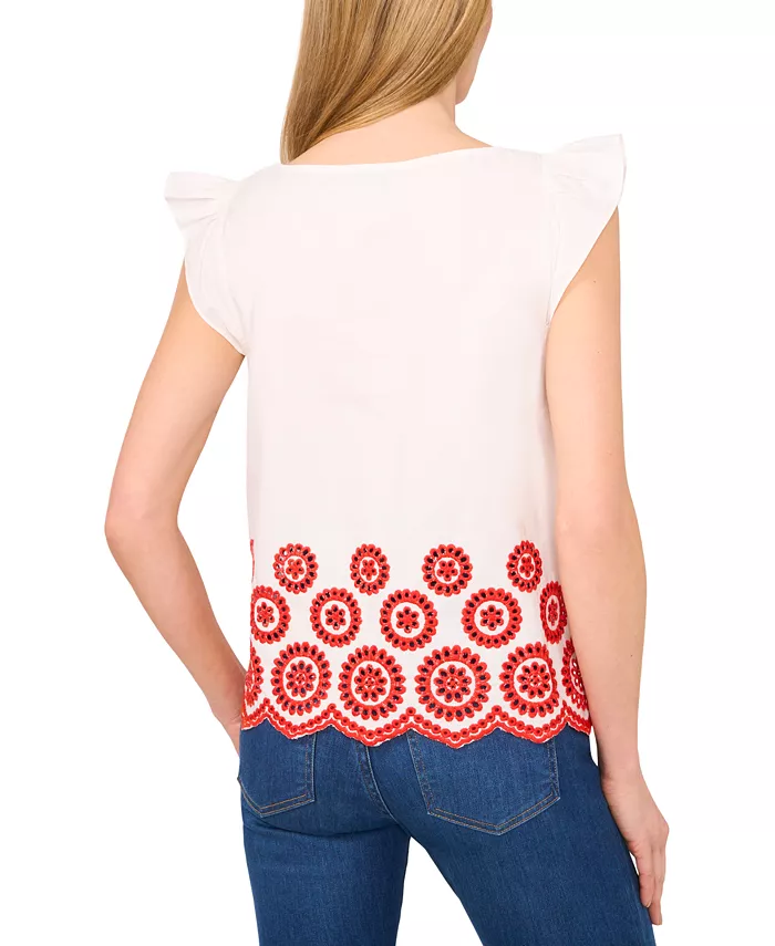 CeCe Women's Contrast Embroidered Cotton Cap-Sleeve Blouse Women's Fashion Shoes & Accessories