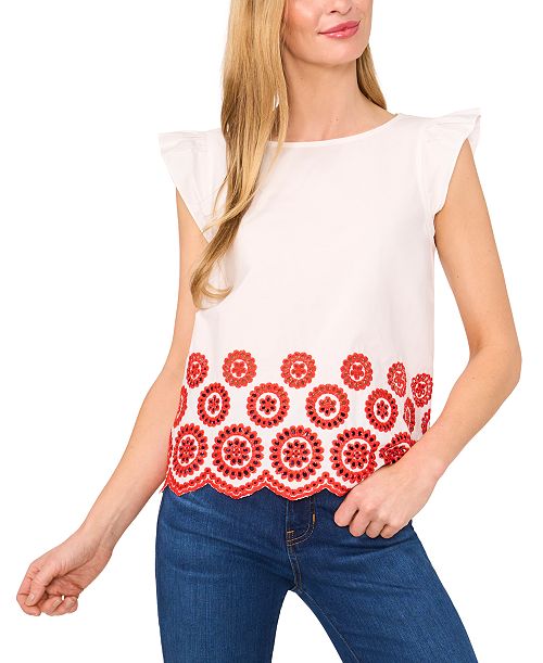 CeCe Women's Contrast Embroidered Cotton Cap-Sleeve Blouse Women's Fashion Shoes & Accessories