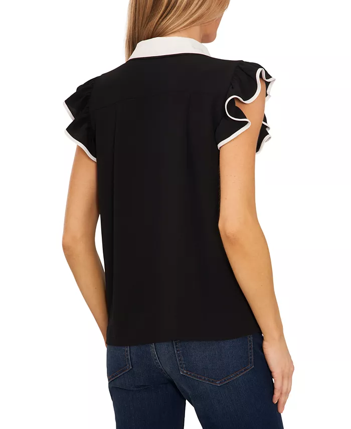 CeCe Women's Contrast Trimmed Flutter Sleeve Blouse Women's Fashion Shoes & Accessories