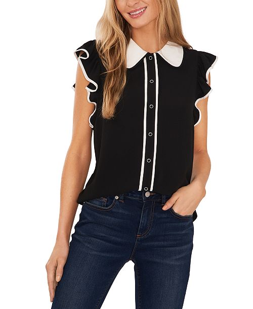 CeCe Women's Contrast Trimmed Flutter Sleeve Blouse Women's Fashion Shoes & Accessories