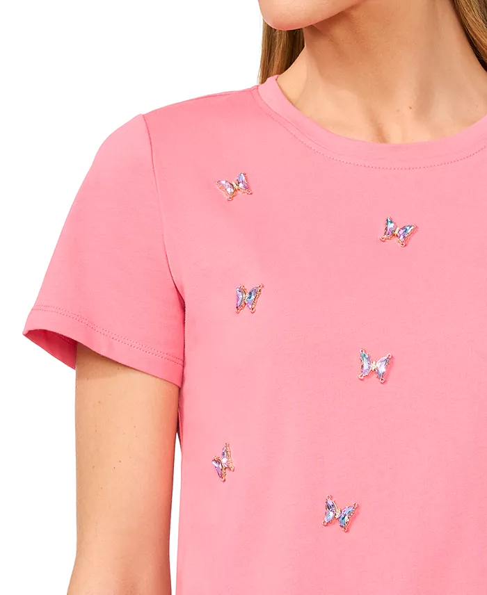 CeCe Women's Cotton Butterfly-Gem Short-Sleeve Tee Women's Fashion Shoes & Accessories