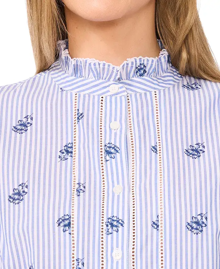 CeCe Women's Cotton Ruffle-Collar Lace-Detail Button-Up Blouse Women's Fashion Shoes & Accessories