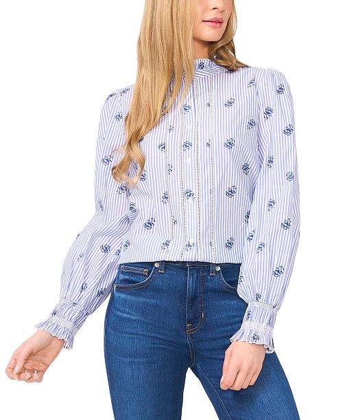 CeCe Women's Cotton Ruffle-Collar Lace-Detail Button-Up Blouse Women's Fashion Shoes & Accessories