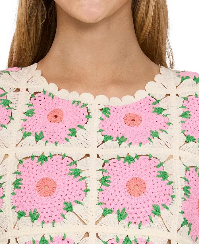 CeCe Women's Crewneck Crochet Flower Tank Top Women's Fashion Shoes & Accessories