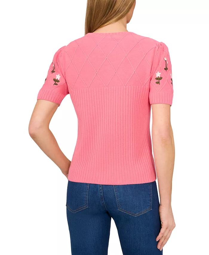 CeCe Women's Crewneck Flower Embroidered Short Sleeve Cotton Sweater Women's Fashion Shoes & Accessories