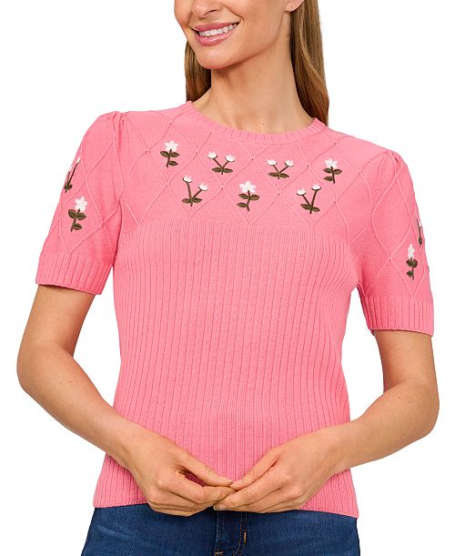 CeCe Women's Crewneck Flower Embroidered Short Sleeve Cotton Sweater Women's Fashion Shoes & Accessories
