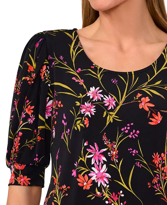 CeCe Women's Crewneck Shirred-Elbow-Sleeve Top Women's Fashion Shoes & Accessories