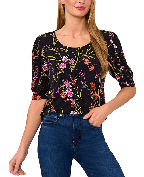 CeCe Women's Crewneck Shirred-Elbow-Sleeve Top Women's Fashion Shoes & Accessories