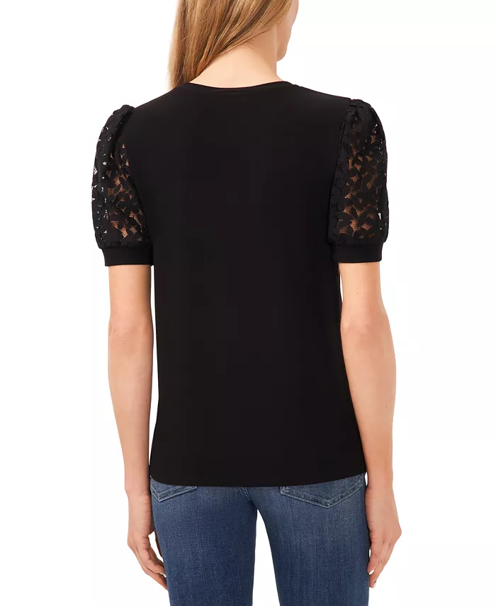 CeCe Women's Crochet Puff Sleeve Mix Media Knit Top Women's Fashion Shoes & Accessories