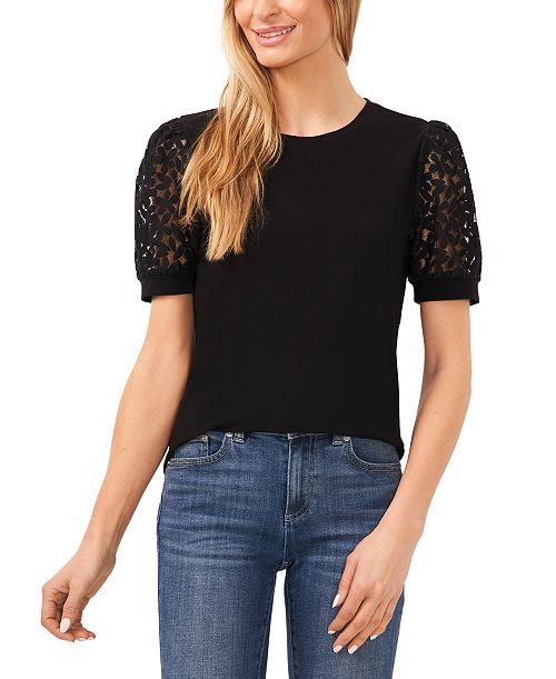 CeCe Women's Crochet Puff Sleeve Mix Media Knit Top Women's Fashion Shoes & Accessories