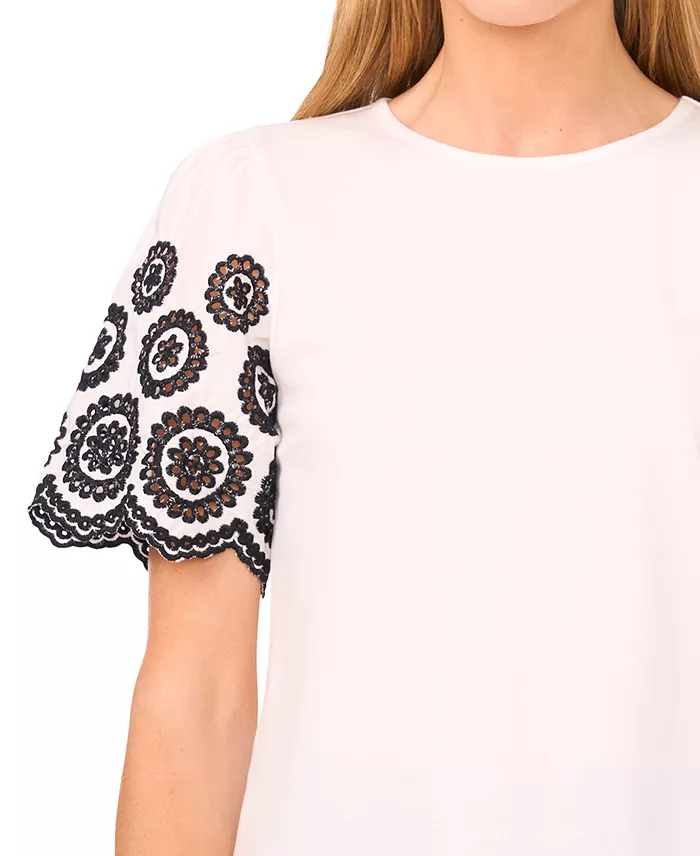CeCe Women's Embroidered-Sleeve Top Women's Fashion Shoes & Accessories