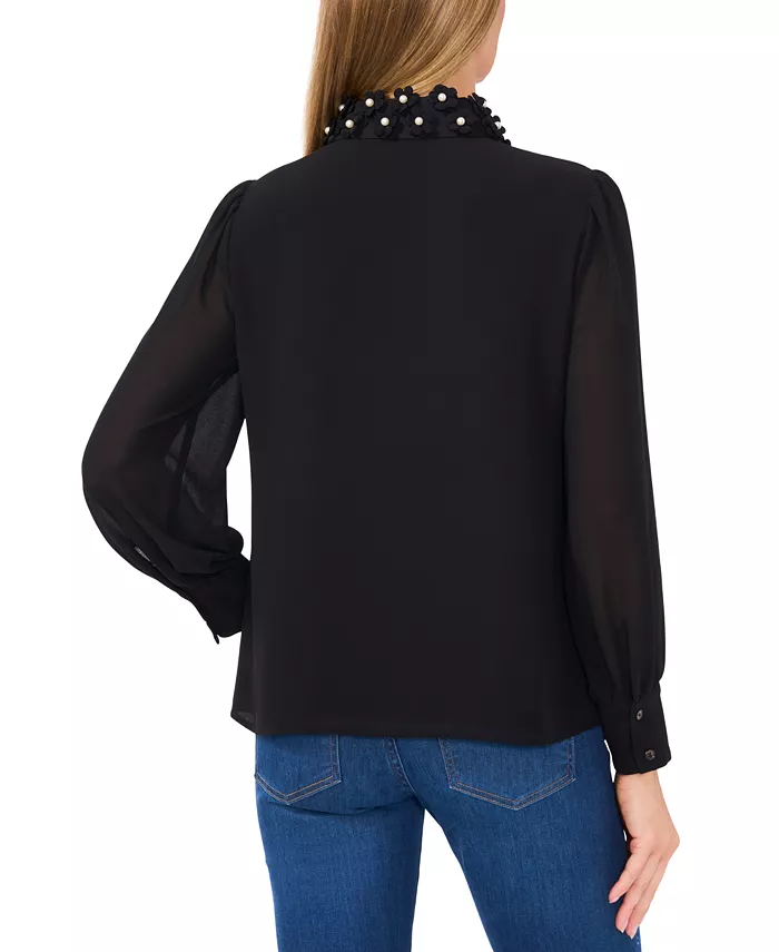 CeCe Women's Floral-Appliqué Collared Long-Sleeve Blouse Women's Fashion Shoes & Accessories