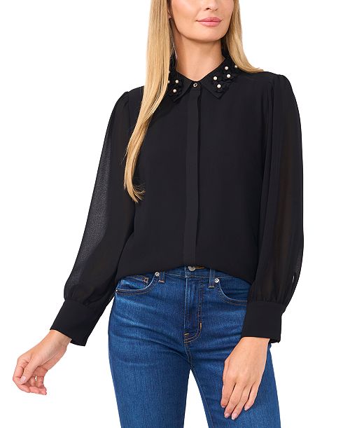 CeCe Women's Floral-Appliqué Collared Long-Sleeve Blouse Women's Fashion Shoes & Accessories