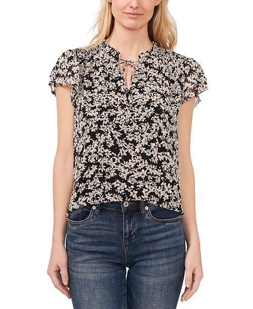 CeCe Women's Floral Clip-Dot Tie-Neck Flutter-Sleeve Top Women's Fashion Shoes & Accessories