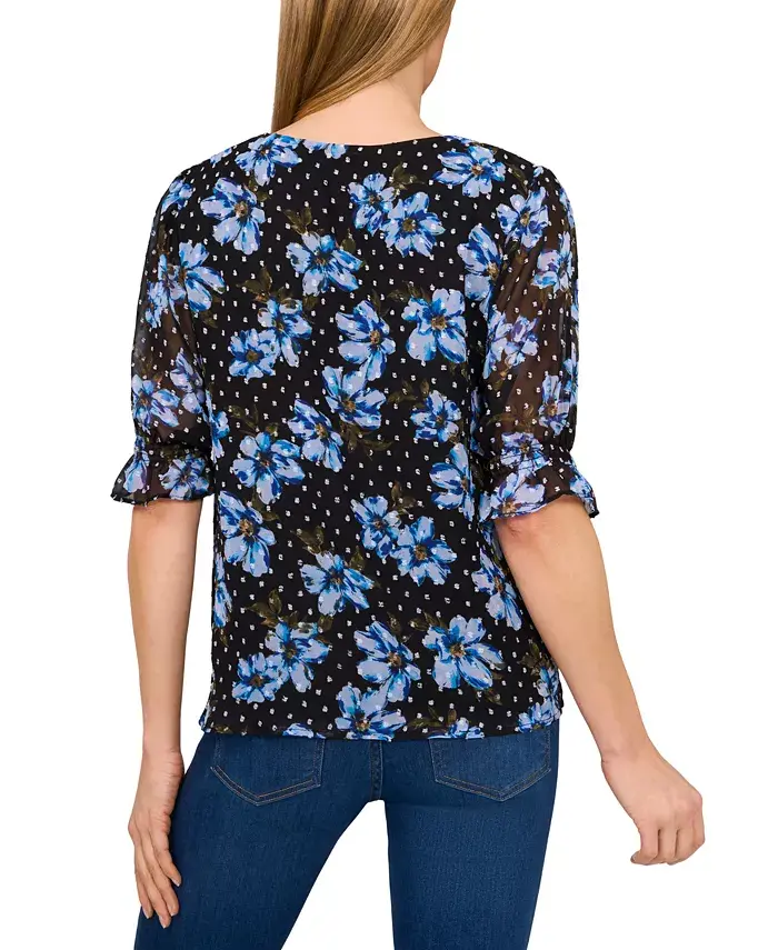 CeCe Women's Floral Elbow-Sleeve Ruffle V-Neck Blouse Women's Fashion Shoes & Accessories