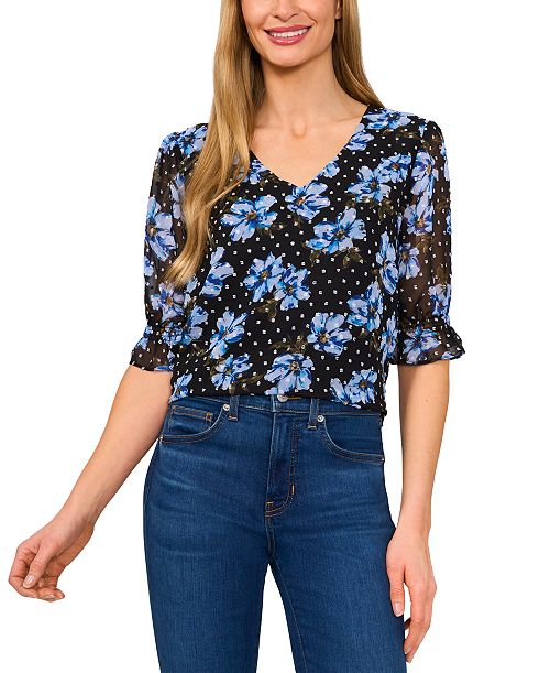 CeCe Women's Floral Elbow-Sleeve Ruffle V-Neck Blouse Women's Fashion Shoes & Accessories