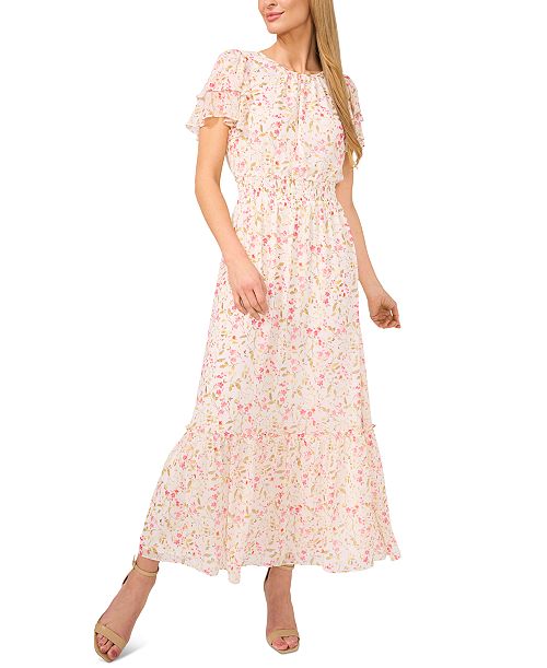 CeCe Women's Floral Flutter-Sleeve Maxi Dress Women's Fashion Shoes & Accessories
