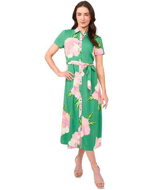 CeCe Women's Floral Print Button-Front Midi Shirtdress Women's Fashion Shoes & Accessories