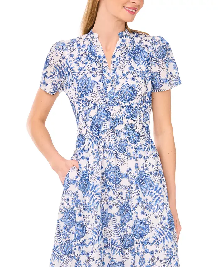 CeCe Women's Floral V-Neck Short-Sleeve Maxi Dress Women's Fashion Shoes & Accessories