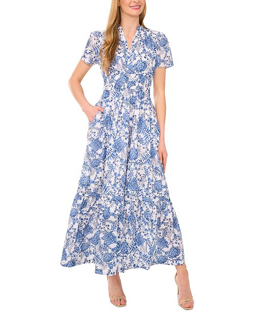 CeCe Women's Floral V-Neck Short-Sleeve Maxi Dress Women's Fashion Shoes & Accessories