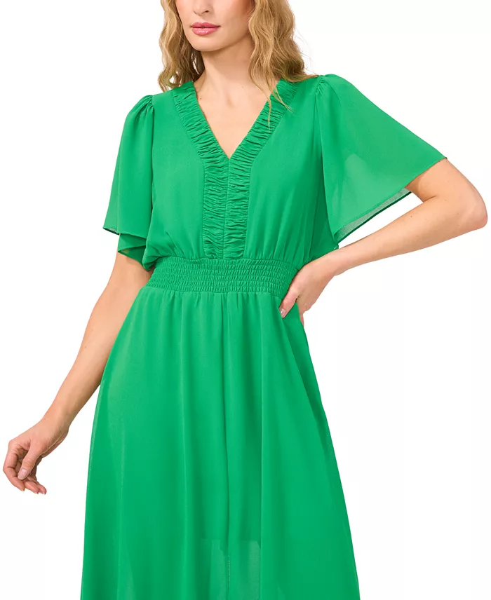 CeCe Women's Flutter-Sleeve Ruched V-Neck Smocked-Waist Maxi Dress Women's Fashion Shoes & Accessories
