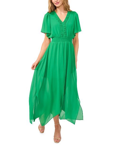 CeCe Women's Flutter-Sleeve Ruched V-Neck Smocked-Waist Maxi Dress Women's Fashion Shoes & Accessories