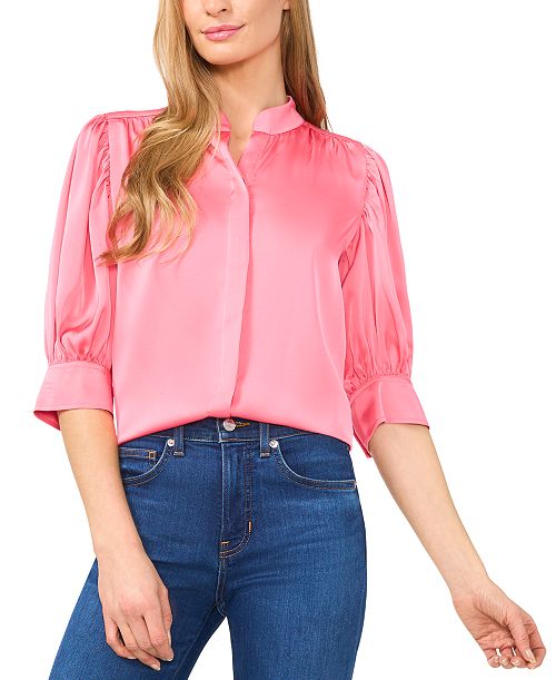CeCe Women's Gathered 3/4-Sleeve Satin Blouse Women's Fashion Shoes & Accessories