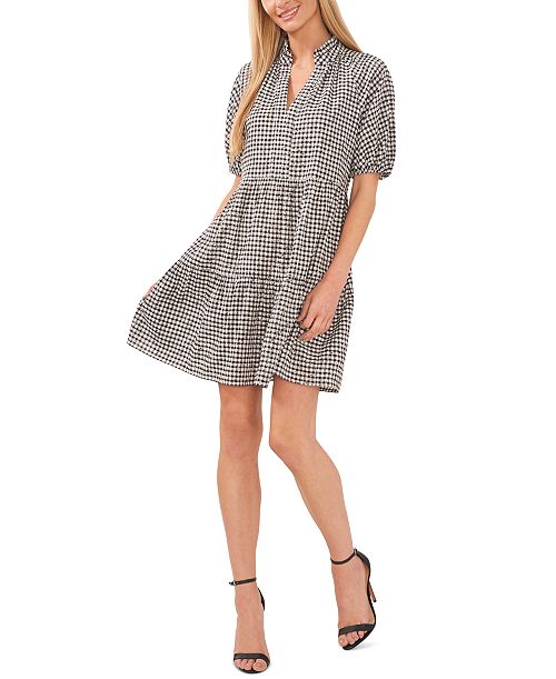 CeCe Women's Gingham Babydoll Elbow-Sleeve Tiered Dress Women's Fashion Shoes & Accessories