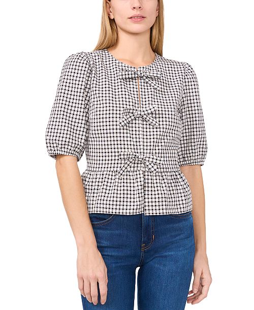 CeCe Women's Gingham Bow-Front Peplum Top Women's Fashion Shoes & Accessories