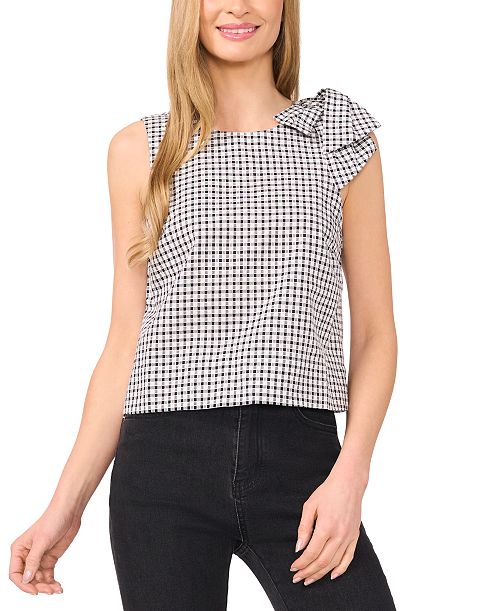 CeCe Women's Gingham Bow-Shoulder Sleeveless Top Women's Fashion Shoes & Accessories