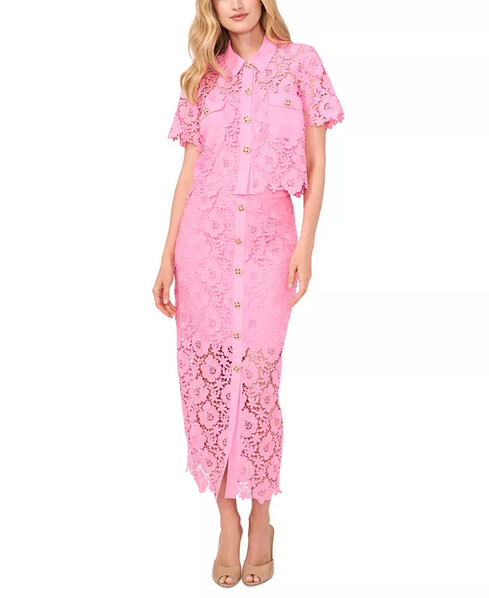 CeCe Women's Lace Short-Sleeve Button-Up Blouse Women's Fashion Shoes & Accessories