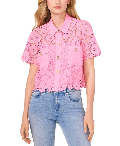 CeCe Women's Lace Short-Sleeve Button-Up Blouse Women's Fashion Shoes & Accessories