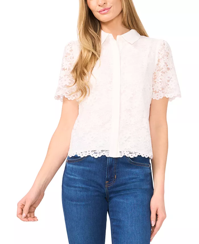 CeCe Women's Lace Short-Sleeve Shirt Women's Fashion Shoes & Accessories