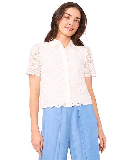 CeCe Women's Lace Short-Sleeve Shirt Women's Fashion Shoes & Accessories