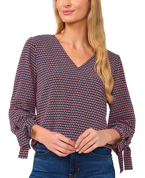 CeCe Women's Long Sleeve Garden Geo Tie Sleeve Blouse Women's Fashion Shoes & Accessories