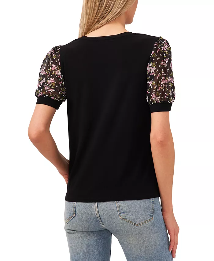 CeCe Women's Mixed Media Puff Sleeve Bouquet Knit Top Women's Fashion Shoes & Accessories