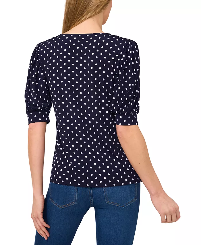 CeCe Women's Polka-Dot Elbow-Sleeve Round-Neck Top Women's Fashion Shoes & Accessories